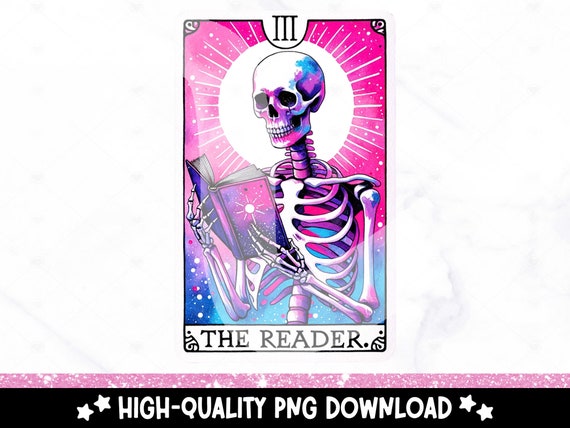 The Reader Tarot Card PNG, Reading Skeleton Sublimation Design, Book Lover Booktrovert Skull Tarot DTF T-shirt File, Mug, Digital Download