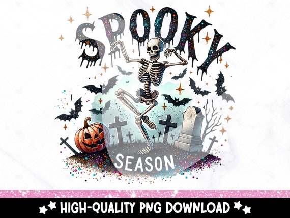 Spooky Season PNG, Cute Halloween Clipart, Spooky Skeleton Sublimation Design, Dancing Skeleton Graveyard DTF Transfer Design, Tumbler Wrap