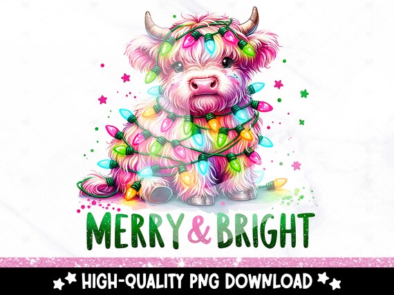 Merry and Bright Highland Cow PNG, Tangled Christmas Lights Digital Download, Cute Heifer Cow Sublimation Design, Funny Tshirt DTF Transfer