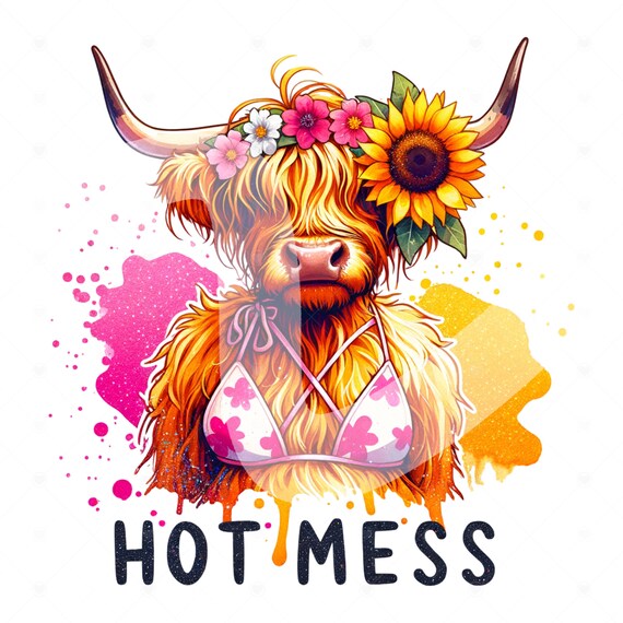 Hot Mess Highland Cow PNG, Funny Summer Heifer Cow Clipart, Long Haired Cow Sublimation Design, Summer Vacation DTF File, Beach Shirt Design