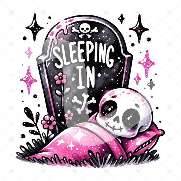 Cute Snarky Skeleton PNG, Sleeping In Clipart, Spooky Skeleton Sublimation Design, Pastel Goth Digital Download, Printable, Sticker, Tshirt