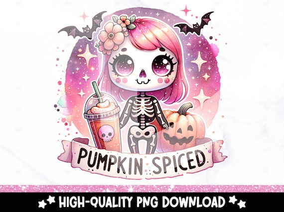 Pumpkin Spiced Halloween PNG, Cute Pastel Halloween Clipart, Skeleton Sublimation Design, Coffee Addict Png, Pumpkin Spice UV DTF Transfer
