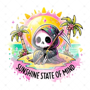 May include: A cartoon skeleton wearing a black and purple hooded robe sits on a small island with palm trees and a sunset in the background. The text "Sunshine State of Mind" is written below the island.