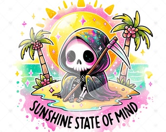 May include: A cartoon skeleton wearing a black and purple hooded robe sits on a small island with palm trees and a sunset in the background. The text "Sunshine State of Mind" is written below the island.