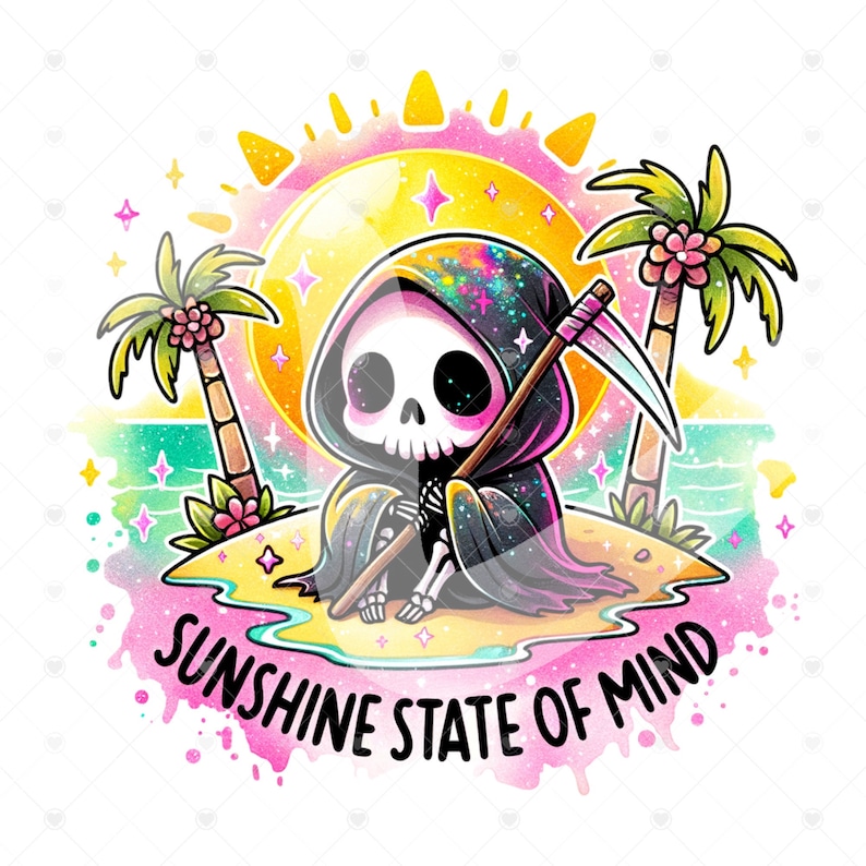 May include: A cartoon skeleton wearing a black and purple hooded robe sits on a small island with palm trees and a sunset in the background. The text "Sunshine State of Mind" is written below the island.