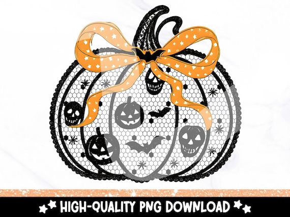 Black Lace Pumpkin PNG with Orange Bow – Preppy Halloween Sublimation – Coquette Spooky Clipart – Cute Retro Fall Shirt Design