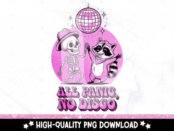 All Panic No Disco PNG Clipart, Funny Dancing Raccoon Sublimation PNG, Cute Snarky Skeleton PNG, Pastel Digital Art, Retro Aesthetic Print