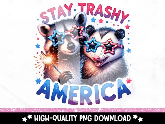 Stay Trashy America PNG, Fourth of July Opossum Clipart, Funny Raccoon Merica PNG, Snarky Sublimation Design, 4th of July DTF Transfer File
