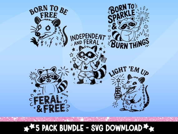 Feral 4th of July SVG Bundle – Cute Patriotic Raccoon & Opossum Clipart – Funny Independence Day Cricut Cut Files – USA Animal Designs