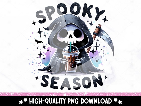 Spooky Season Coffee PNG, Cute Grim Reaper Clipart, Fall Sublimation Design, Spooky DTF Transfer File, Tshirt Design Download, Mug Wrap Png