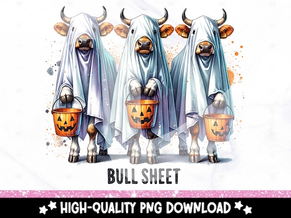 Bull Sheet PNG, Funny Ghost Cows Clipart, Retro Halloween PNG, Spooky Season Sublimation Design, Cute Halloween DTF Transfer File, Cow Lover