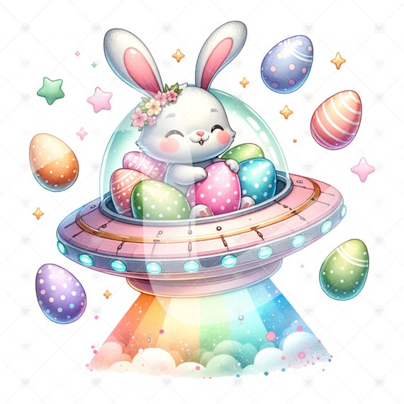 Cute Easter Bunny Clipart, Easter Egg Abduction PNG, Funny Easter PNG, Alien Clipart, Sublimation Design, Easter T-Shirt Design, Download