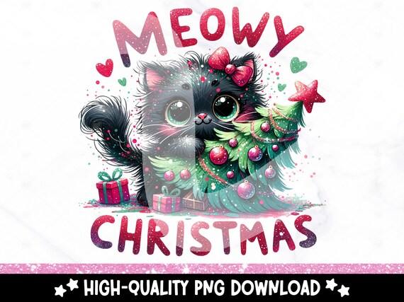 Meowy Christmas PNG, Funny Christmas Cat PNG, Black Cat Sublimation Design, Christmas Tree Clipart, Cute Xmas DTF Transfer, Mug, Wrap, Shirt