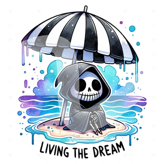 Living the Dream PNG, Funny Grim Reaper Clipart, Summer Goth Sublimation Design, Spooky Beach Shirt Design, Pastel Goth Skeleton DTF, Wrap