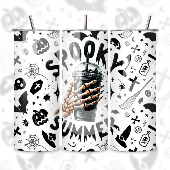 Spooky Summer Tumbler PNG, Pastel Goth 20 oz Skinny Sublimation Design, Coffee Lover Digital Download Instant PNG, Skeleton Gothic Wrap