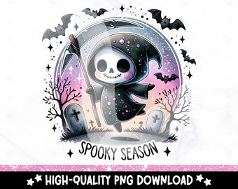 Spooky Season PNG, Cute Halloween Clipart, Spooky Skeleton Sublimation Design, Grim Reaper DTF Shirt Design, Tumbler Wrap, Sticker, Mug, Jar