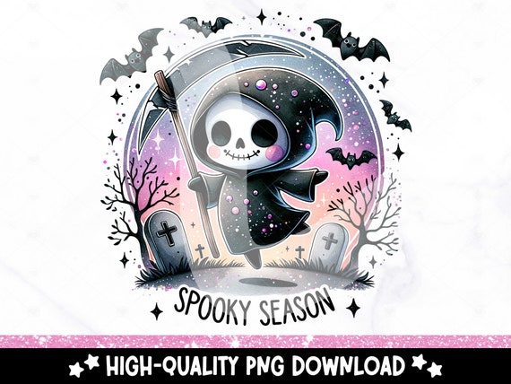 Spooky Season PNG, Cute Halloween Clipart, Spooky Skeleton Sublimation Design, Grim Reaper DTF Shirt Design, Tumbler Wrap, Sticker, Mug, Jar