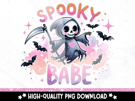 Spooky Babe PNG, Cute Pastel Halloween Clipart, Grim Reaper Sublimation Design, Spooky Skeleton Png, Trendy Halloween UV DTF Transfer, Wrap