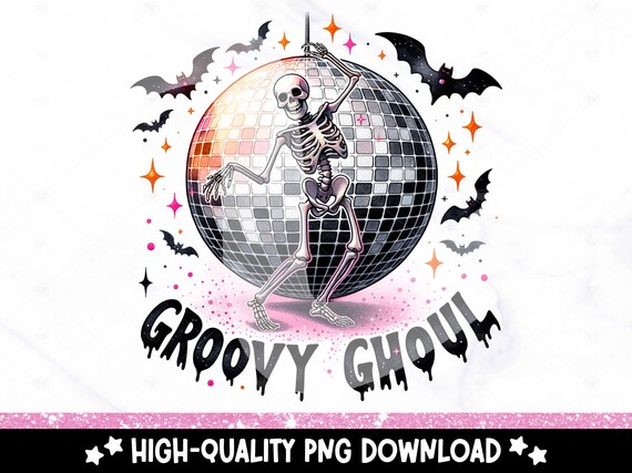 Groovy Ghoul PNG, Retro Skeleton Clipart, Funny Halloween Sublimation Design, Disco Skeleton Uv DTF File, Trendy Shirt Design, Tumbler, Mug
