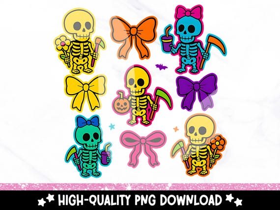 Neon Skeleton Bow PNG, Cute Coquette Halloween Clipart, Preppy Skeleton Sublimation Download, Retro Girly Halloween Design, Spooky PNG