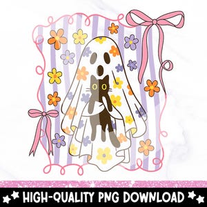 Retro Ghost Cat PNG: Coquette Halloween Clipart (download digitale)
