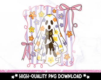 Retro Ghost Cat PNG: Coquette Halloween Clipart (Digital Download