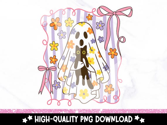 Girly Ghost Cat PNG, Cute Coquette Halloween Clipart, Retro Groovy Ghost with Flowers, Preppy Spooky Season Cat Sublimation Design