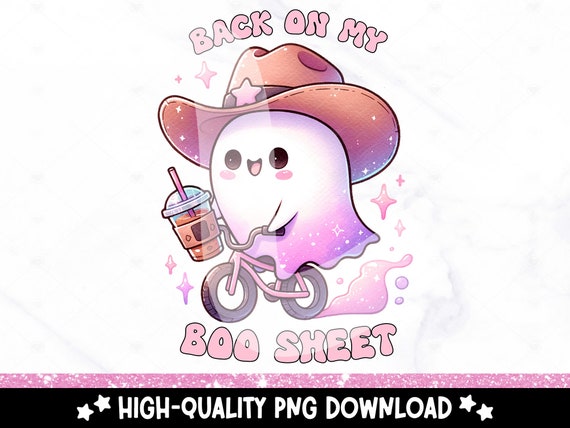 Back on My Boo Sheet PNG, Cute Ghost Clipart, Funny Cowboy Ghost Sublimation Design, Halloween DTF Tshirt Transfer File, Iced Coffee PNG