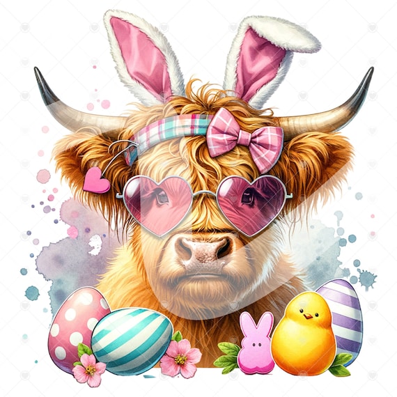Cute Easter Highland Cow Clipart, Easter Shirt Sublimation Design, Digital Download, PNG Instant DIGITAL ONLY, Glass Jar Png, Tshirt Design