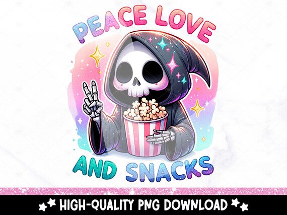 Peace Love and Snacks PNG, Spooky Grim Reaper Clipart, Snarky Skeleton Sublimation Design, Sarcastic DTF Transfer, Halloween Tshirt Design