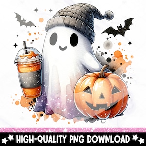May include: A cute cartoon ghost wearing a gray knitted hat holds a pumpkin and a cup of orange pumpkin spice latte. The ghost has a friendly face and is surrounded by watercolor splatters.