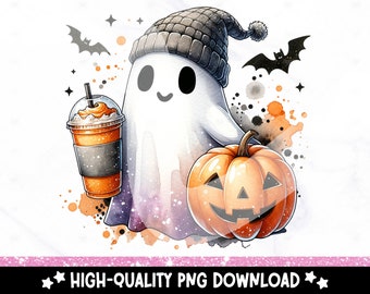 Cute Fall Ghost PNG, Halloween Coffee Clipart, Spooky Sublimation Tshirt PNG, Coffee Lover Uv DTF Transfer Design, Pumpkin Tumbler Wrap, Mug