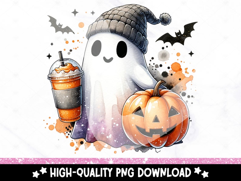May include: A cute cartoon ghost wearing a gray knitted hat holds a pumpkin and a cup of orange pumpkin spice latte. The ghost has a friendly face and is surrounded by watercolor splatters.