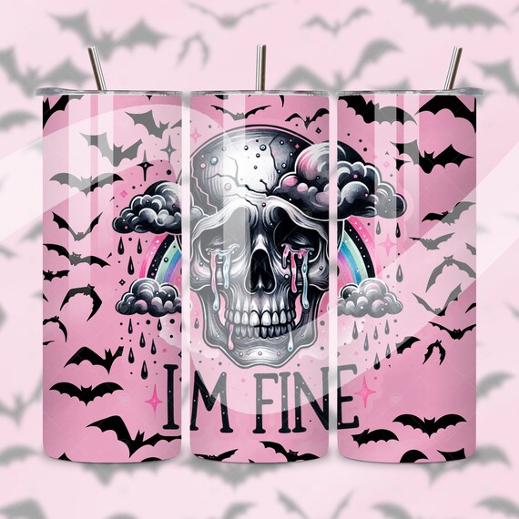 I'm Fine Skeleton Tumbler PNG, Pastel Goth 20 oz Skinny Sublimation Design, Snarky Skeleton Digital Download Instant PNG, Gothic Wrap