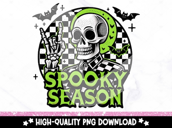 Spooky Season Neon Halloween PNG, Halloween Skeleton Png, Funny Halloween, Retro Halloween, Sublimation Design, Checkered Halloween Clipart