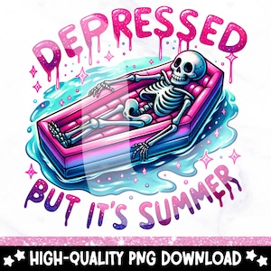 Op de afbeelding: Een roze en blauw grafisch ontwerp met een skelet in een roze en blauwe opblaasbare kist die in blauw water drijft. De tekst "Depressed but it's summer" is geschreven in roze en blauw met glitteraccenten.