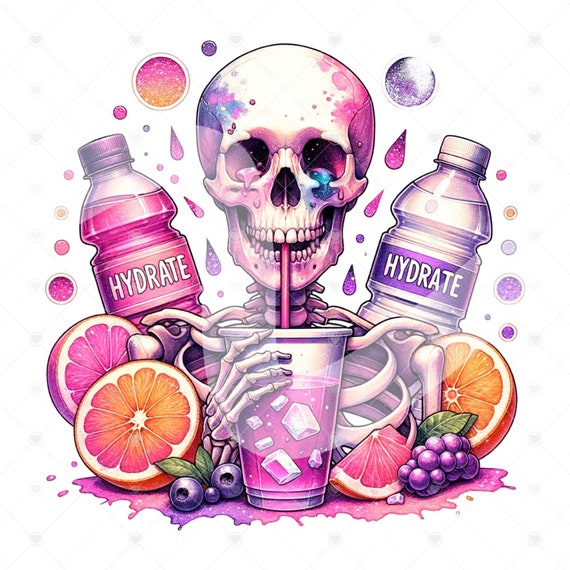Summer Skeleton PNG, Hydrate Skeleton Clipart, Trendy Watertok Sublimation Design, Tropical Tshirt Design File, Water Glass Jar Wrap File