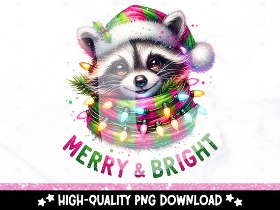 Merry and Bright Raccoon PNG, Tangled Christmas Lights Digital Download, Cute Holiday Raccoon Sublimation Design, Funny Tshirt DTF Transfer