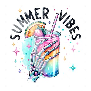 May include: A skeleton hand holding a colorful summer drink with a pineapple and strawberry garnish. The text "SUMMER VIBES" is written in a black font around the drink.