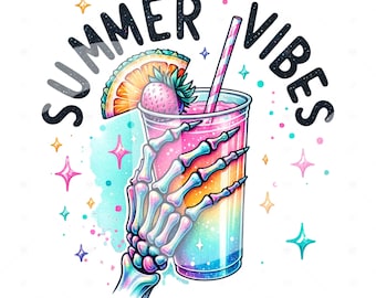 Summer Vibes PNG, Spooky Summer Skeleton Clipart, Pastel Goth PNG, Tropical Drink Sublimation Design, Summer Vacation DTF File, Trendy Shirt