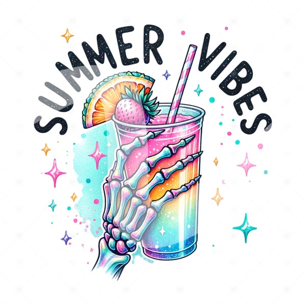 Summer Vibes PNG, Spooky Summer Skeleton Clipart, Pastel Goth PNG, Tropical Drink Sublimation Design, Summer Vacation DTF File, Trendy Shirt