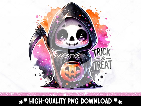 Trick or Treat PNG, Cute Halloween Skeleton Clipart, Grim Reaper Sublimation Design, Halloween UV DTF Transfer, Spooky Season Png, Sublimate