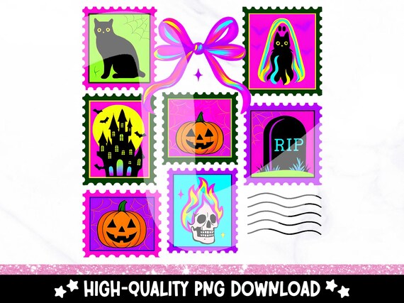 Neon Halloween Stamps PNG, Cute Coquette Bow Halloween Clipart, Preppy Skeleton Sublimation Design, Retro Spooky Halloween Shirt Design