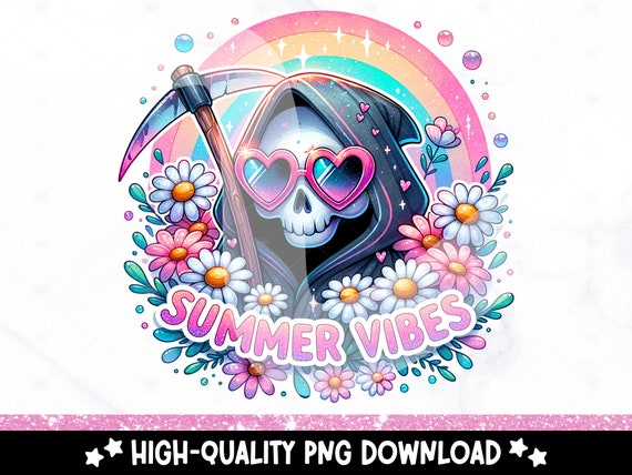 Summer Vibes PNG, Spooky Summer Skeleton Clipart, Pastel Goth PNG, Hippie Grim Reaper Sublimation Design, Vacation DTF File, Trendy Shirt