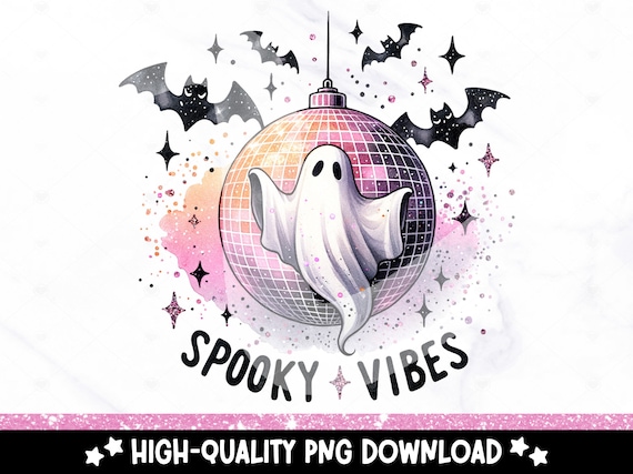 Spooky Vibes PNG, Retro Ghost Clipart, Groovy Halloween Sublimation Design, Funny Disco Ghost UV DTF File, Trendy Shirt, Tumbler Wrap, Mug