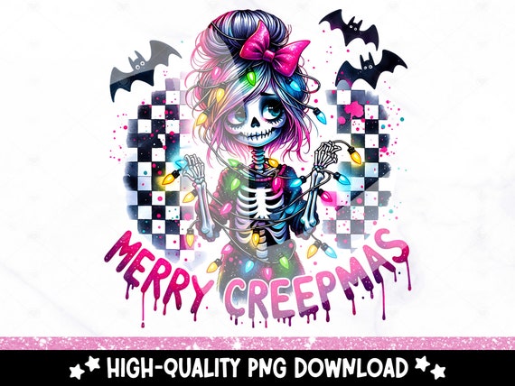 Merry Creepmas Neon Christmas PNG, Spooky Season Retro Skeleton PNG, Funny Hallowthanksmas Clipart, Checkered Christmas Sublimation Design