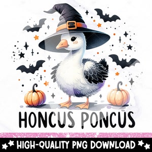 May include: A cartoon goose wearing a black witch hat and holding two orange pumpkins. The goose is surrounded by black bats and white stars. The text "Honcus Poncus" is written below the goose.