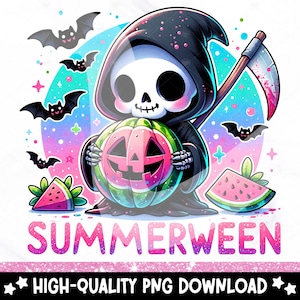 May include: A cartoon Grim Reaper wearing a black hooded robe holds a watermelon with a jack-o'-lantern face. The background is a colorful gradient with bats and stars. The text "SUMMERWEEN" is below the image.