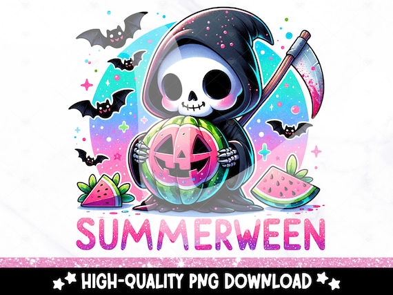 Cute Summerween Clipart, Spooky Summer Halloween Sublimation Design, Watermelon Pumpkin DTF Shirt Design Download, Grim Reaper Tumbler Wrap