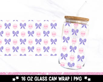 Coquette Girly Skulls 16oz Glass Can Wrap, Spooky Cute Skeleton Bows UV DTF Sublimation Design, Preppy Glass Jar Tumbler Libbey Wrap PNG
